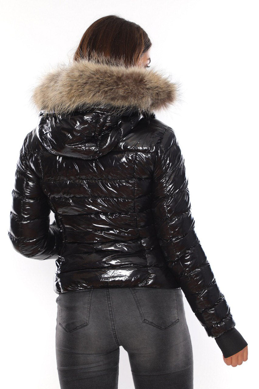 Glossy Puffed Fur Thumbhole Sleeves Short Down Jacket