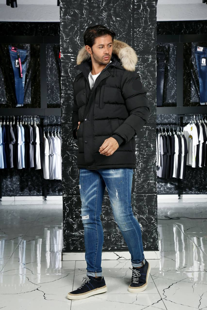 Long Down Puffy Jacket with Fur Hooded