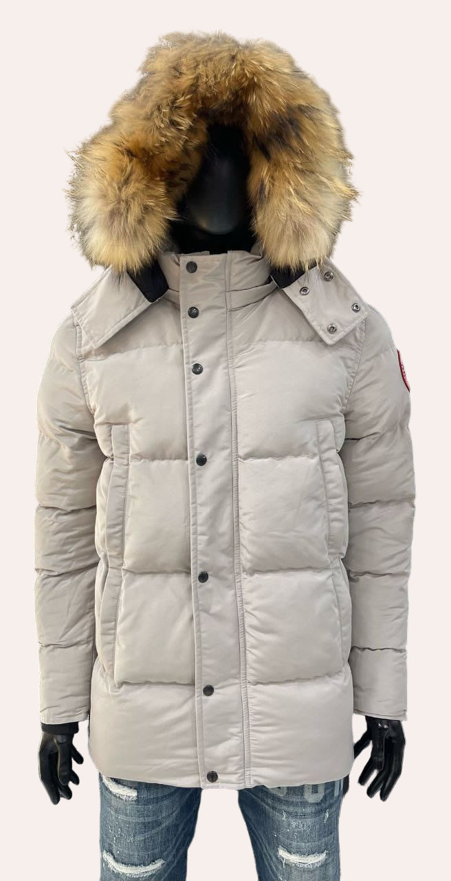 Long Down Puffy Jacket with Fur Hood-4 Pockets