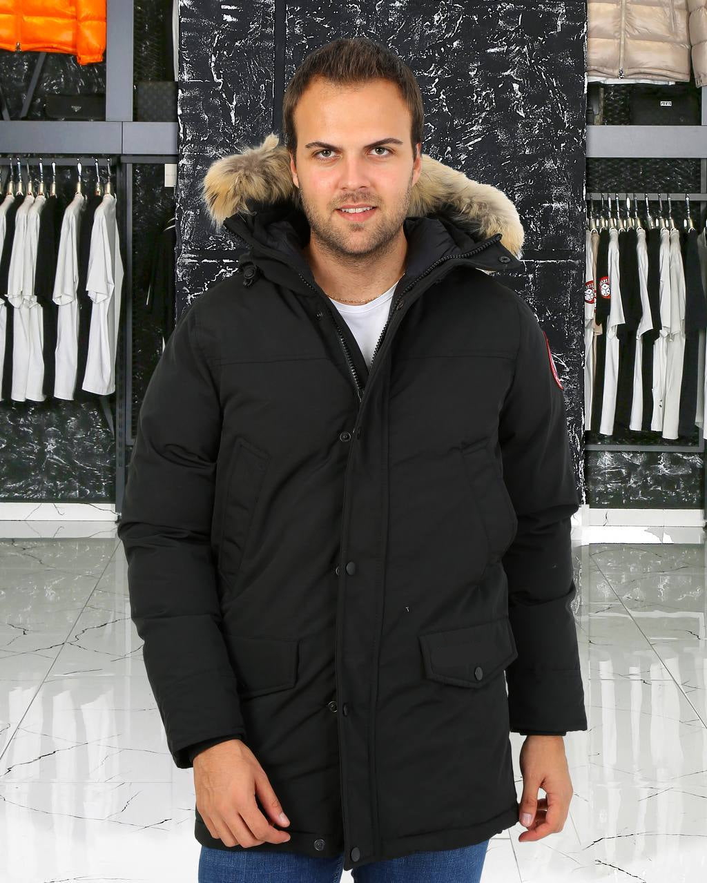 Long Puffy Jacket with Fur Hood