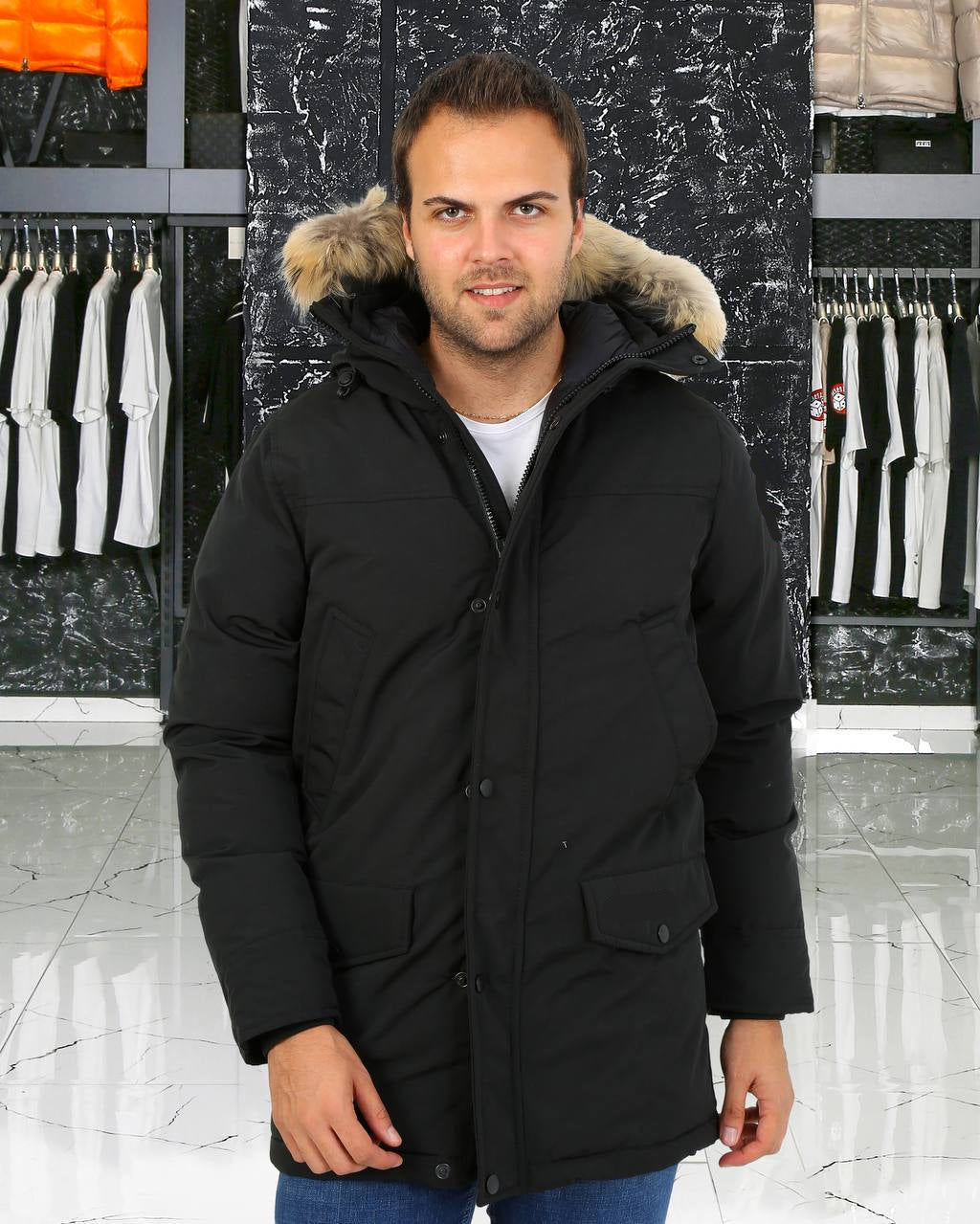 Long Puffy Jacket with Fur Hood