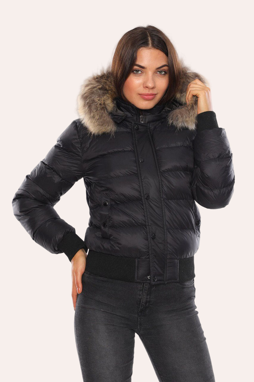 Fur-Trimmed Hooded Bomber Jacket