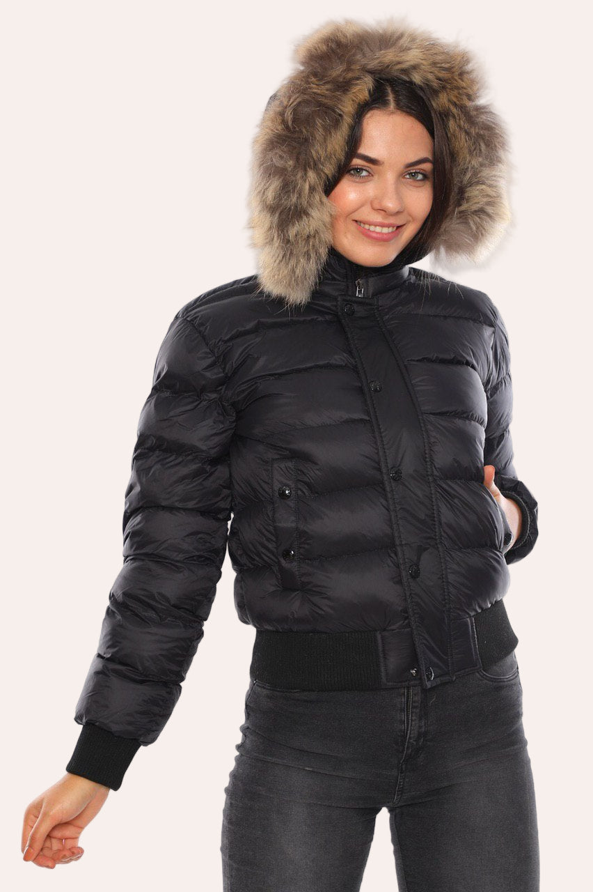 Fur-Trimmed Hooded Bomber Jacket