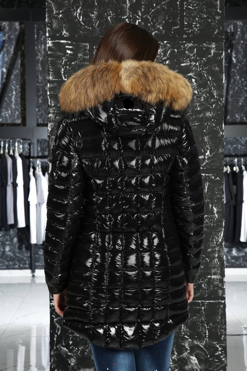 Glossy Puffed Women’s Long Hooded Fur-Trimmed Jacket