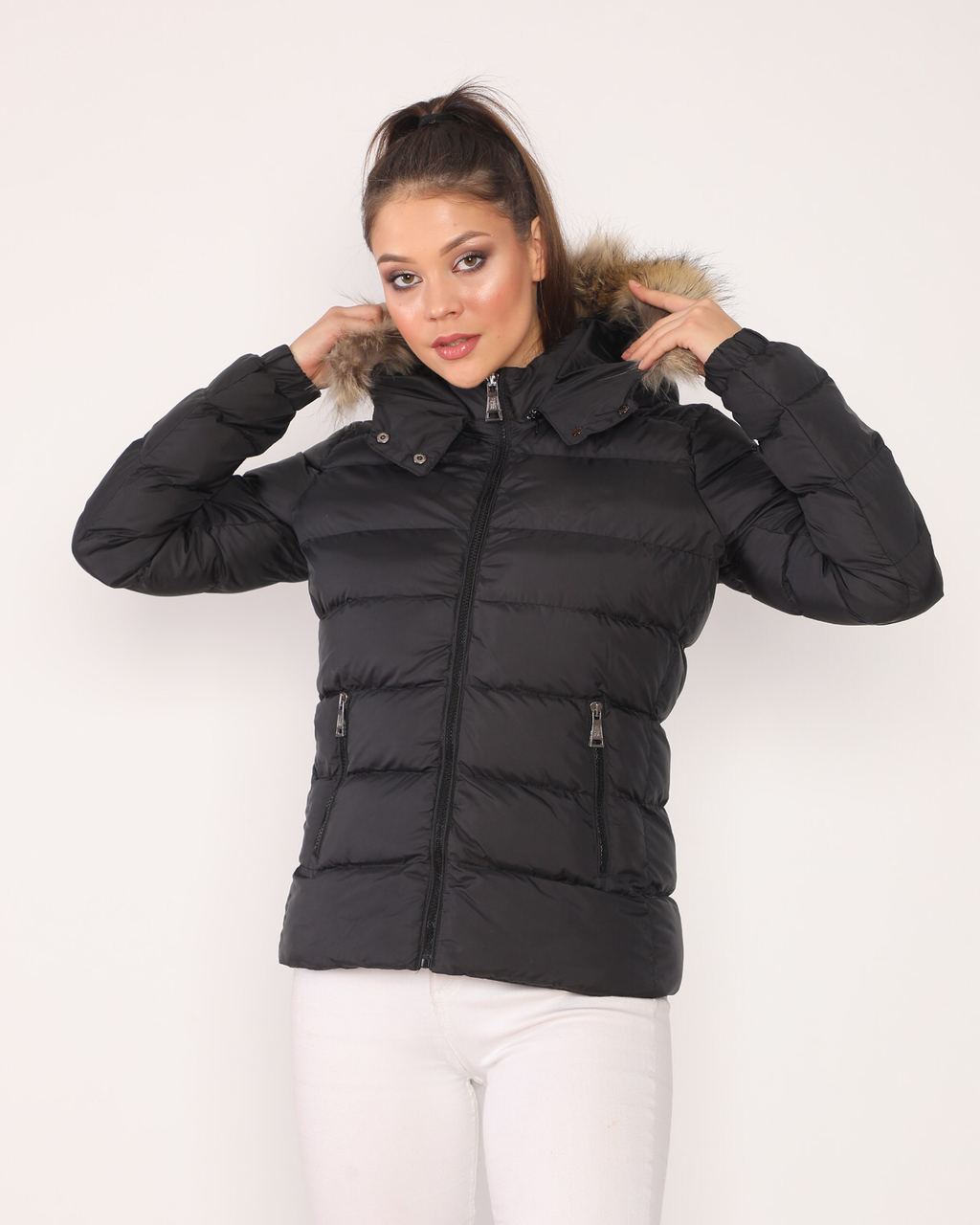 Puffy Hooded Fur-Trimmed Jacket