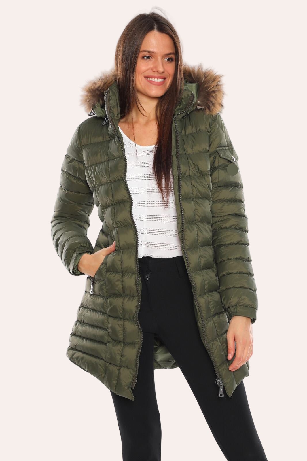 Glossy Puffed Women’s Long Hooded Fur-Trimmed Jacket