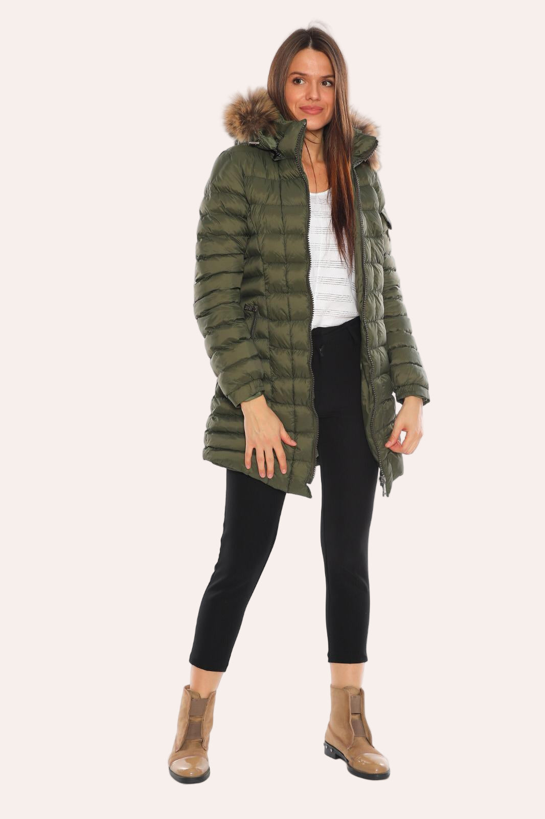 Glossy Puffed Women’s Long Hooded Fur-Trimmed Jacket